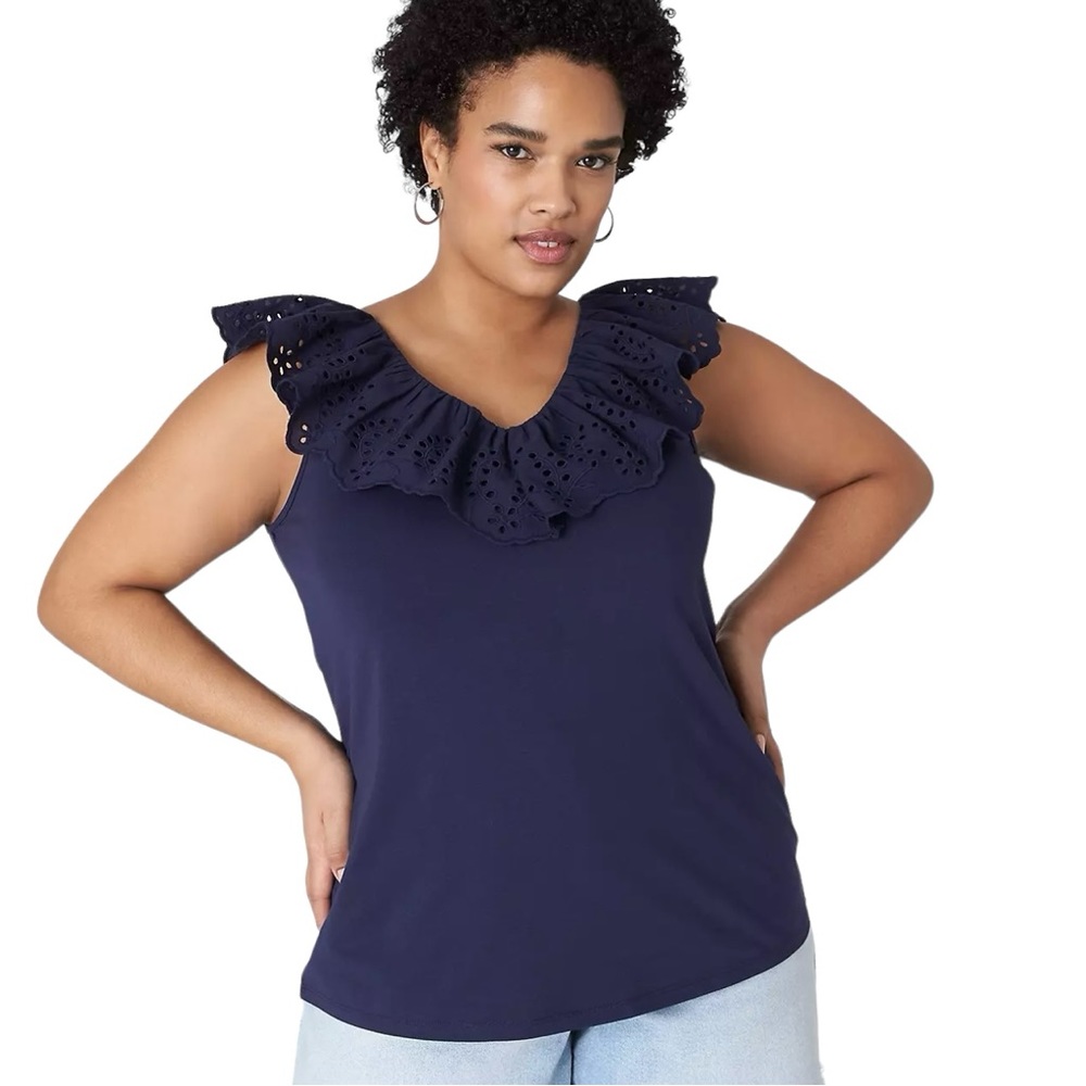 Lane Bryant Double V-Neck Woven Eyelet Tank Size 22/24 In Pantone Maritime Blu